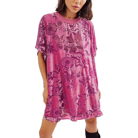 Dresses & Skirts - Women's Rose Vintage Velvet Dress Mini Floral Printed Short Sleeve